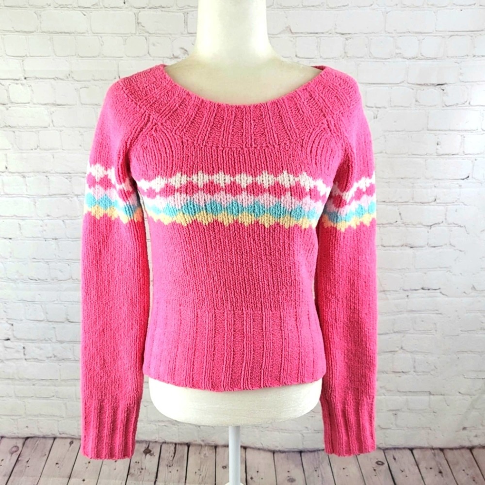 Energie Pink/White/Blue Large Polyester Scoop Neck Long Sleeve Sweater